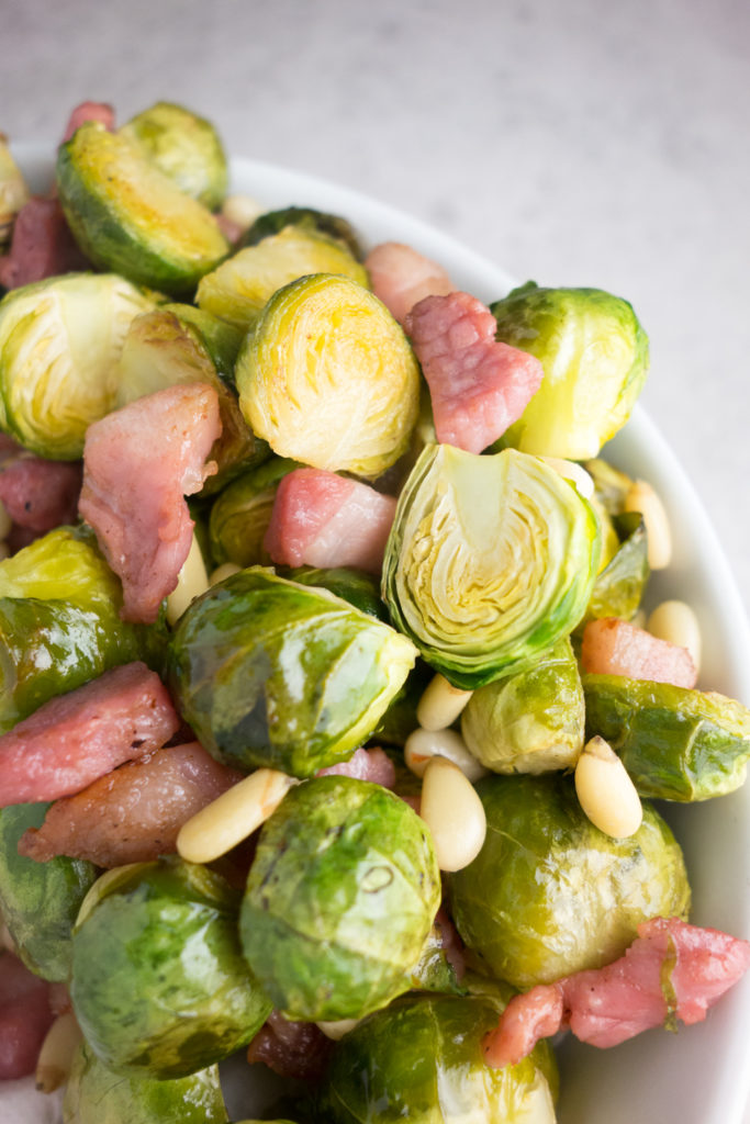 roasted brussel sprouts with pine nuts & pancetta