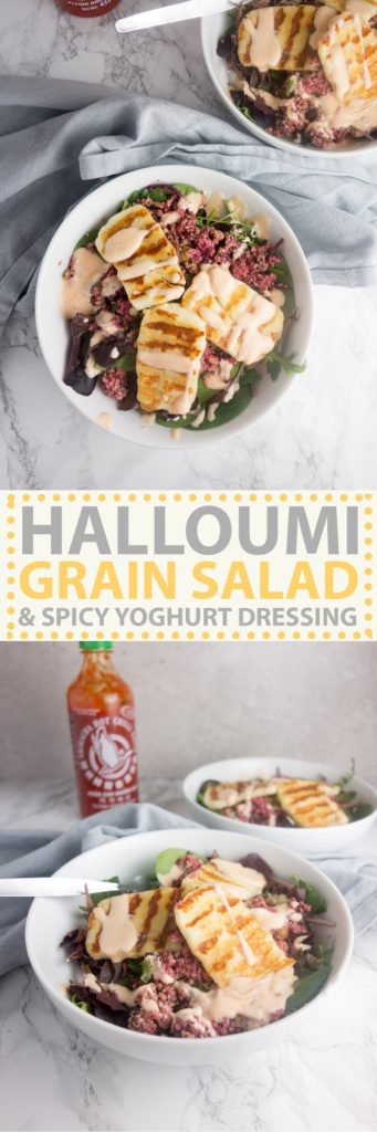 Halloumi Grain Salad: A simple vegetarian recipe for a filling salad topped with salty halloumi & a creamy sriracha yoghurt dressing. So delicious!