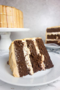 Snickers Birthday Cake recipe: Rich chocolate sponge filled with a thick layer of nougat and salted caramel, topped with creamy peanut butter frosting. Yum!