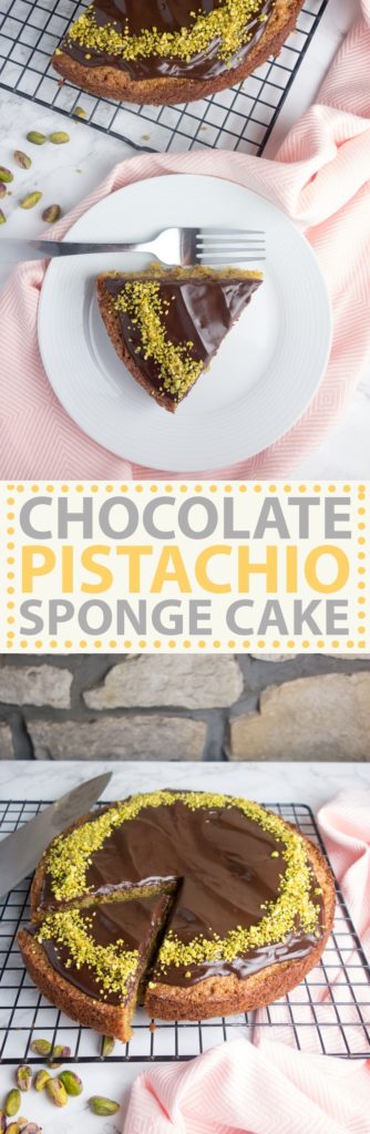 Chocolate Pistachio Sponge Cake: An easy recipe for pistachio sponge topped with rich chocolate ganache. So yum!