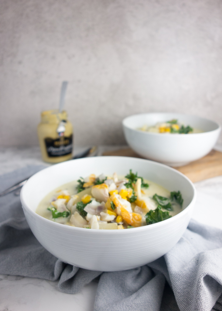 Smoked haddock potato chowder: Flavoured with mustard and garlic, this easy recipe makes a warming soup that's hearty enough for a full meal.